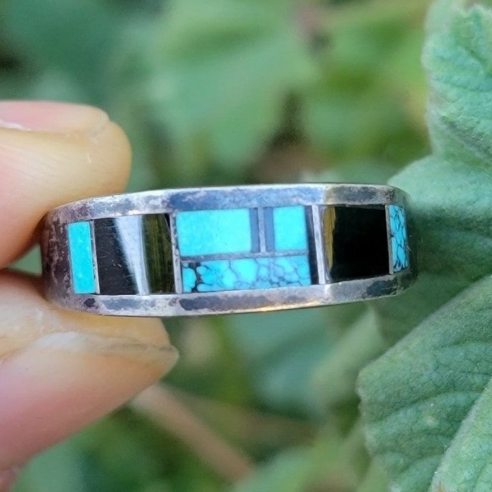 Native American handmade vintage solid sterling turquoise onyx inlay ring